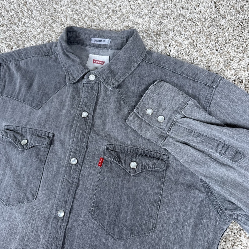 Levis Shirt Mens S Gray Long Sleeve Pearl Snap Denim Chest Pocket Western